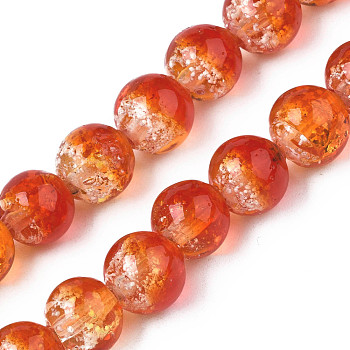 Handmade Luminous Transparent Lampwork Beads Strands, Round, Orange Red, 9~10x10~11mm, Hole: 1.2mm, about 50pcs/strand, 19.29 inch~19.69 inch(49cm~50cm)