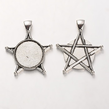 Tibetan Style Alloy Pendant Cabochon Bezel Settings, Cadmium Free & Lead Free, Star, Antique Silver, Flat Round Tray: 20mm, 40x34x3mm, Hole: 5x7mm, about 181pcs/kg