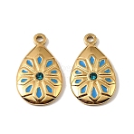 304 Stainless Steel Enamel Pendants, Teardrop with Flower Charms, with Rhinestone, Real 18K Gold Plated, Ion Plating(IP), Blue, 22x13x3mm, Hole: 1.6mm(STAS-I371-28G-01)