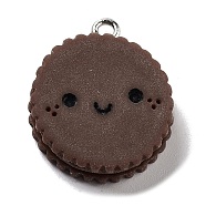 Cookies Theme Imitation Food Resin Pendants, Smiling Face Flat Round Charms with Platinum Plated Iron Loops, Coconut Brown, 23x20x6.5mm, Hole: 2mm(RESI-B021-02B-04)