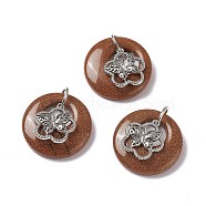 Synthetic Goldstone Pendants, Flat Round Charms, with Platinum Tone Brass Flower with Butterfly Findings, Cadmium Free & Nickel Free & Lead Free, 30~35x28~32x10~10.5mm, Hole: 2mm(G-P484-01P-02)