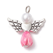 Resin Imitation Pearl Pendants, Rose Angel Charms with Antique Silver Plated Alloy Heart Wings, Pearl Pink, 23.5~24x21.5x7mm, Hole: 1.8~2.2mm(PALLOY-JF02566-09)