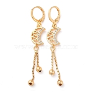 Rhinestone Moon with Love Leverback Earrings, Brass Chains Tassel Earrings for Women, Light Gold, 59~59.5x10mm(EJEW-K256-12KCG)