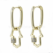 Brass Micro Pave Clear Cubic Zirconia Dangle Huggie Hoop Earrings, Nickel Free, Hamsa Hand/Hand of Fatima /Hand of Miriam, Real 18K Gold Plated, 32.5mm, Pin: 1x1mm(EJEW-S201-223-NF)
