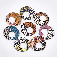 Printed Wooden Big Pendants, Flat Round with Animal Skin Pattern, Mixed Color, 60x3mm, Hole: 1.6mm(WOOD-S040-94)