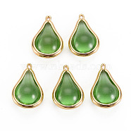 Transparent Glass Pendants, with Brass Findings, Teardrop, Light Gold, Light Green, 19x12x8mm, Hole: 1mm(GLAA-S193-007-A02)