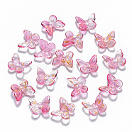 Two Tone Transparent Spray Painted Glass Charms, with Glitter Powder, Butterfly, Hot Pink, 9.5x11x3mm, Hole: 0.8mm(GLAA-T016-22F)