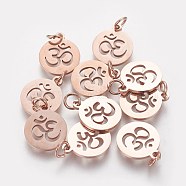304 Stainless Steel Charms, with Jump Ring, Flat Round with Ohm/Aum Charm, Rose Gold, 14x12x1.1mm, Hole: 3mm(STAS-Q201-T446R)
