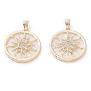 Rack Plating Brass Shell Pendants, with Cubic Zirconia, Long-Lasting Plated, Flat Round with Sun Charms, Real 18K Gold Plated, 20x18x3mm, Hole: 3x2mm(X-KK-A183-58A-G)