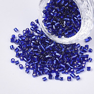 6/0 Glass Bugle Beads, Silver Lined, Blue, 3.5~5x3.5~4mm, Hole: 1mm, about 4500pcs/bag(SEED-S032-04B-06)