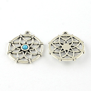 Filigree Flat Round Tibetan Style Alloy Synthetic Turquoise Pendants, Cadmium Free & Lead Free, Antique Silver, 29x30.5x2mm, Hole: 2mm(G-D732-AS)