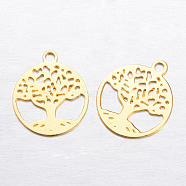 Brass Charms, Flat Round with Tree of Life, Golden, 11.5x10x0.3mm, Hole: 1mm(X-KK-P049-07G)