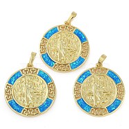 Rack Plating Brass Pendants, with Synthetic Opal, Long-Lasting Plated, Lead Free & Cadmium Free, Flat Round with Virgin Mary Pattern, Real 18K Gold Plated, 27.5x25x3mm, Hole: 3.5x6mm(KK-U032-20G-02)