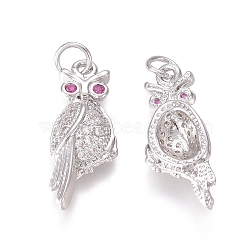 Brass Micro Pave Clear Cubic Zirconia Pendants, with Jump Rings, Owl, Platinum, 20x8x3mm, Jump Ring: 4.5x0.7mm, Inner Diameter: 3mm(ZIRC-I036-11P)