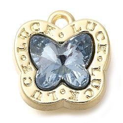 Rack Plating Alloy Pendants, with Rhinestone, Butterfly, Cornflower Blue, 13x12.5x7mm, Hole: 1.4mm(PALLOY-M055-02G-03)