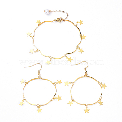 Star Brass Link Bracelets & Dangle Earrings Jewelry Sets, with 304 Stainless Steel Earring Hooks and Natural Freshwater Pearl Beads, Golden, 7-1/8 inch(18.2cm), 70mm, Pin: 0.8mm(SJEW-JS01090)