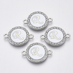 Alloy Enamel Links Connectors, with Crystal Rhinestones, Flat Round with Letter, Silver Color Plated, Letter.R, 22x16x2mm, Hole: 1.8mm(ENAM-TAC0003-01S-04R)