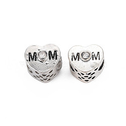 Rack Plating Alloy European Beads, with Crystal Rhinestone & Black Enamel, Large Hole Beads, Cadmium Free & Nickel Free & Lead Free, Heart with Word Mom, Mother's Day, Platinum, 11x12x10.5mm, Hole: 5.5mm(MPDL-N039-188A)