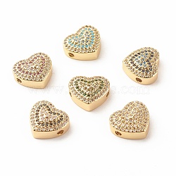 Rack Plating Brass Cubic Zirconia Beads, Cadmium Free & Lead Free, Real 18K Gold Plated, Hollow Heart, Mixed Color, 12x13.5x5mm, Hole: 2.8mm(KK-B051-02G)