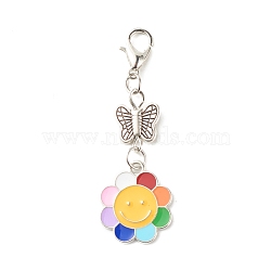Alloy Alloy Enamel Sunflower Pendant Decorate, with Tibetan Style Butterfly Beads and Lobster Claw Clasps, Colorful, 4.85cm(HJEW-JM00585)