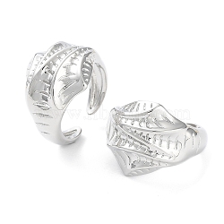 Brass Open Cuff Rings for Women, Grooved Leaf, Platinum, Inner Diameter: 17mm(RJEW-D016-05P)