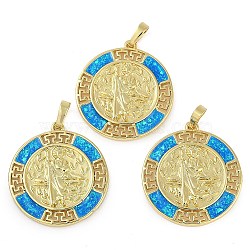 Rack Plating Brass Pendants, with Synthetic Opal, Long-Lasting Plated, Lead Free & Cadmium Free, Flat Round with Virgin Mary Pattern, Real 18K Gold Plated, 27.5x25x3mm, Hole: 3.5x6mm(KK-U032-20G-02)