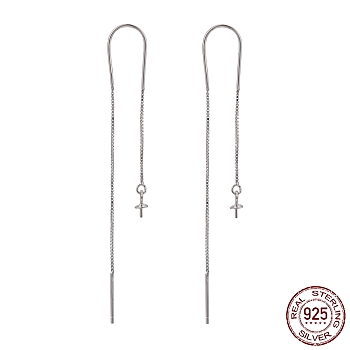 Rhodium Plated Sterling Silver Threader Earrings, for Half Drilled Beads, Platinum, 64x9.5mm, Pin: 0.7mm