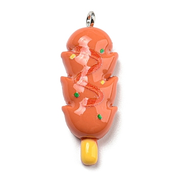 Opaque Resin Imitation Food Pendants, Kebab Charms with Platinum Tone Iron Loops, Coral, 33.5x13x7mm, Hole: 2mm