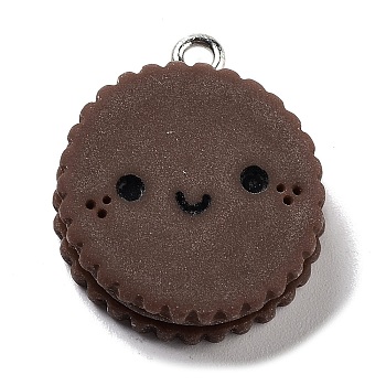 Cookies Theme Imitation Food Resin Pendants, Smiling Face Flat Round Charms with Platinum Plated Iron Loops, Coconut Brown, 23x20x6.5mm, Hole: 2mm