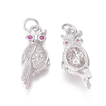Brass Micro Pave Clear Cubic Zirconia Pendants, with Jump Rings, Owl, Platinum, 20x8x3mm, Jump Ring: 4.5x0.7mm, Inner Diameter: 3mm