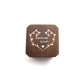 Carved Heart Walnut Wood Single Ring Storage Boxes, with Magnetic Clasps, Square Ring Gift Case for Valentine's Day, Silver, 5x5x3.1cm