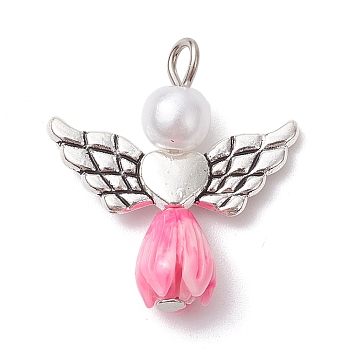 Resin Imitation Pearl Pendants, Rose Angel Charms with Antique Silver Plated Alloy Heart Wings, Pearl Pink, 23.5~24x21.5x7mm, Hole: 1.8~2.2mm