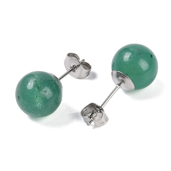 Natural Green Aventurine Stud Earrings, with 304 Stainless Steel Findings, Round, 22.5x10.5mm