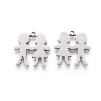 201 Stainless Steel Pendants, Manual Polishing, Boy and Girl, Stainless Steel Color, 16x16x1.5mm, Hole: 1.2mm