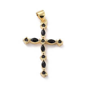 Eco-friendly Brass Micro Pave Cubic Zirconia Pendants, Long-Lasting Plated, Real 18K Gold Plated, Cadmium Free & Lead Free, Cross, Black, 30x19x3mm, Hole: 3.7x3.5mm