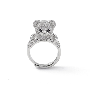 Cubic Zirconia Bear Adjustable Ring, Brass Jewelry for Women, Lead Free & Cadmium Free, Platinum, US Size 7 1/4(17.5mm)