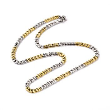 Two Tone Vacuum Plating 201 Stainless Steel Cuban Link Chain Necklace with 304 Stainless Steel Clasps for Men Women, Golden & Stainless Steel Color, 23.54 inch(59.8cm), Link: 8x6x2mm