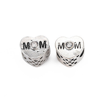 Rack Plating Alloy European Beads, with Crystal Rhinestone & Black Enamel, Large Hole Beads, Cadmium Free & Nickel Free & Lead Free, Heart with Word Mom, Mother's Day, Platinum, 11x12x10.5mm, Hole: 5.5mm