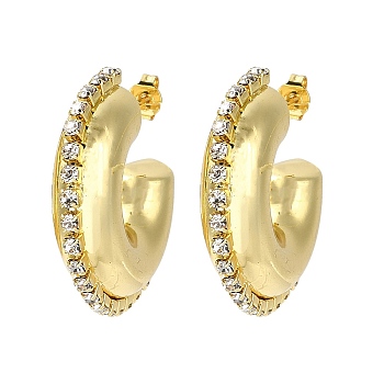 Rack Plating Brass Donut Stud Earrings, Cubic Zirconia Half Hoop Earrings, Cadmium Free & Lead Free, Real 18K Gold Plated, 29x7mm