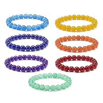 Dyed Natural Malaysia Jade Round Beads Stretch Bracelets Set, 7 Chakra Stackable Bracelets for Her, Mixed Color, Beads: 8mm, Inner Diameter: 2-1/8 inch(5.5cm), 7pcs/set