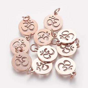 304 Stainless Steel Charms, with Jump Ring, Flat Round with Ohm/Aum Charm, Rose Gold, 14x12x1.1mm, Hole: 3mm