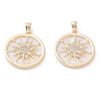 Rack Plating Brass Shell Pendants, with Cubic Zirconia, Long-Lasting Plated, Flat Round with Sun Charms, Real 18K Gold Plated, 20x18x3mm, Hole: 3x2mm