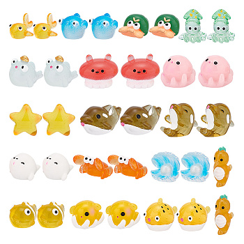 51Pcs 17 Styles Marine Animal Theme Resin Display Decorations, Micro Landscape Fish Tank Home Decoration Accessories, Mixed Shapes, Mixed Color, 11.5~27x9~23x15.5~24.5mm, 3pcs/style