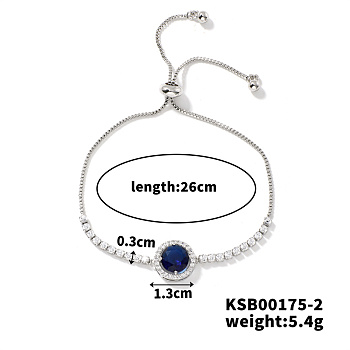 Adjustable Brass Rhinestone Link Slider Bracelets for Women, Capri Blue, 10-1/4 inch(26cm)