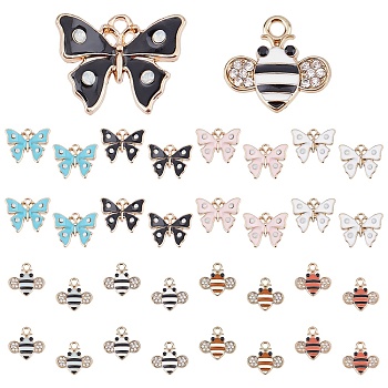 SUNNYCLUE 32Pcs 8 Colors Alloy Enamel Pendants, with Crystal Rhinestone, Cadmium Free & Lead Free, Bee & Butterfly, Light Gold, Mixed Color, 15~17x18~19x2.5x4mm, Hole: 1.4~2mm, 4pcs/color
