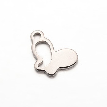 Butterfly 304 Stainless Steel Charms, Stainless Steel Color, 14x10x1mm, Hole: 2mm