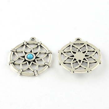 Filigree Flat Round Tibetan Style Alloy Synthetic Turquoise Pendants, Cadmium Free & Lead Free, Antique Silver, 29x30.5x2mm, Hole: 2mm