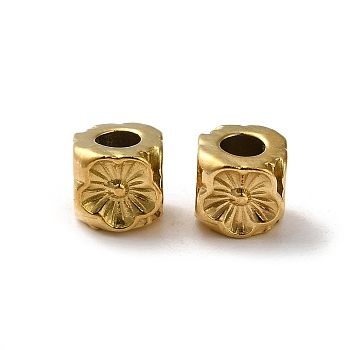 304 Stainless Steel Beads, Cube with Flower, Real 18K Gold Plated, 5.5x5.5x5.5mm, Hole: 2.8mm