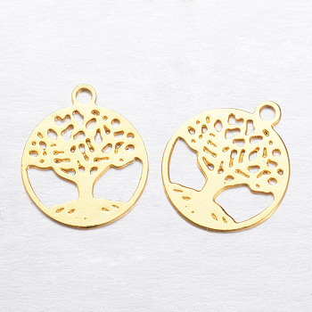 Brass Charms, Flat Round with Tree of Life, Golden, 11.5x10x0.3mm, Hole: 1mm