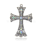 Antique Silver Tone Cross Alloy Rhinestone Big Pendants, Crystal AB, 72x50x8mm, Hole: 3mm(RB-J026-28AS)